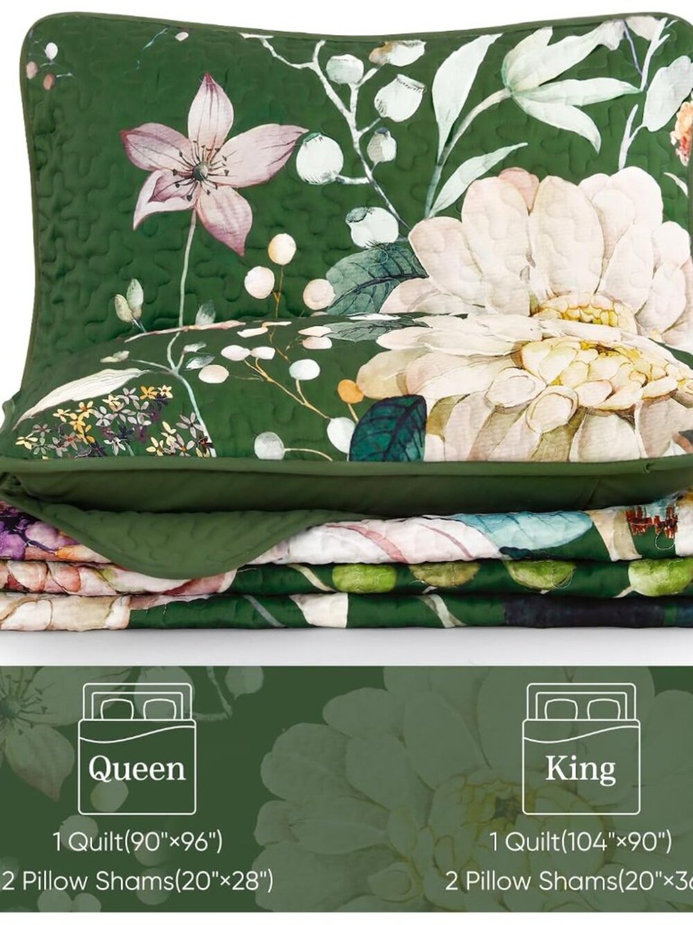 Floral Quilt Queen Size - 3 Pieces Green Quilt Botanical Bedspread | Soft Microf - Picture 7 of 8
